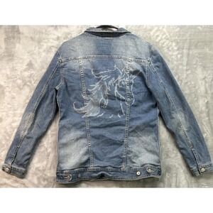 Lularoe Harvey Denim Jean Jacket Womens Sz Large Unicorn Christmas Magic Winter